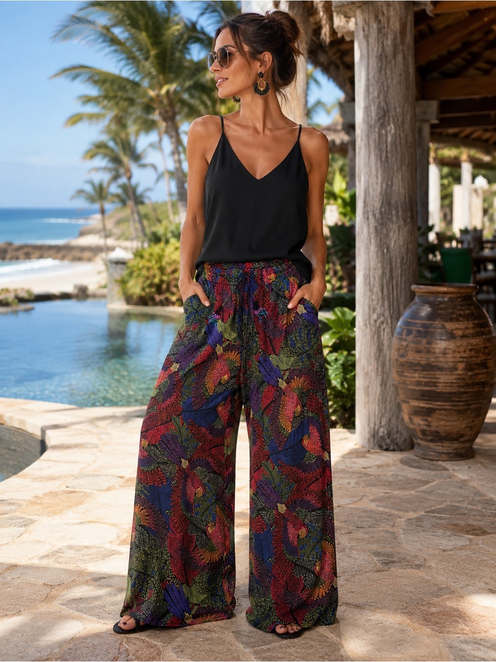 Tropical Bird Print Wide Leg Palazzo Pants Boho Resort Statement